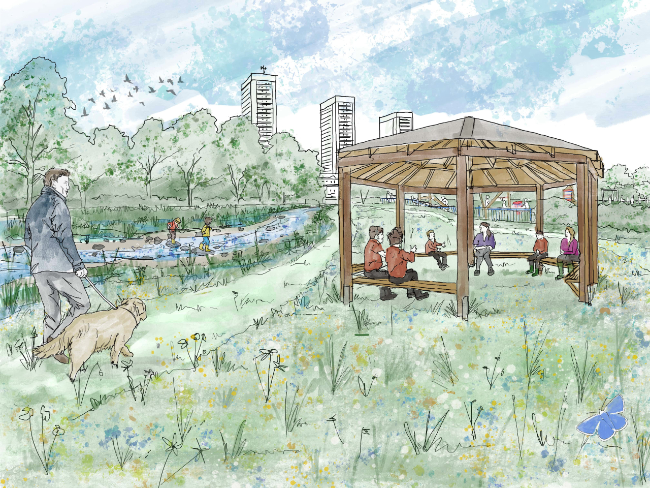 Artist impression of how the Auldhouse Burn and King George V Park could look. Picture shows a covered teaching circle beside a meandering river